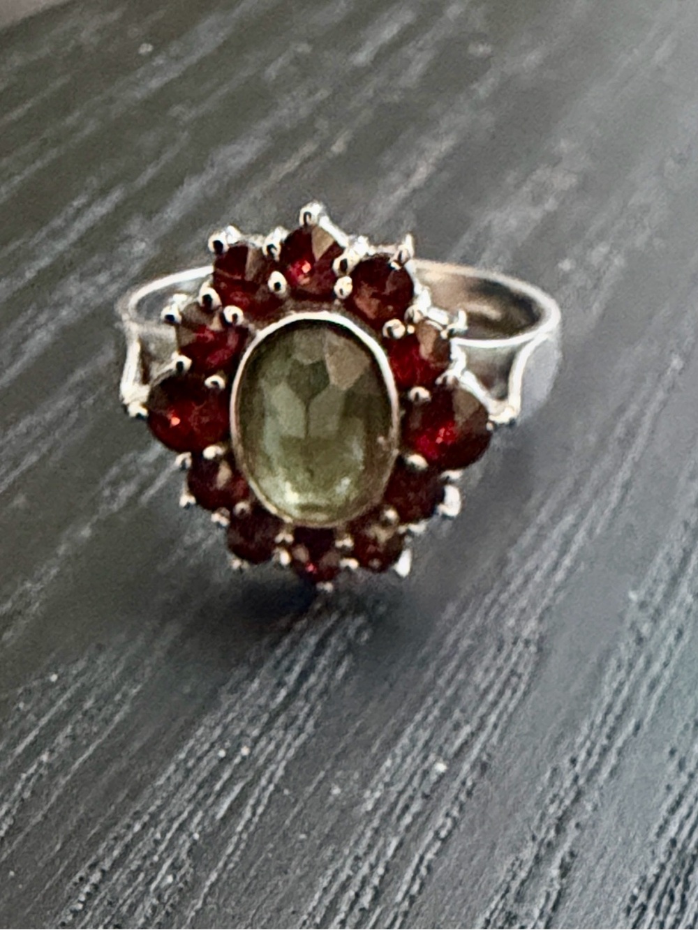 Sterling Silver Ring with Peridot Center and Garnet Red Halo